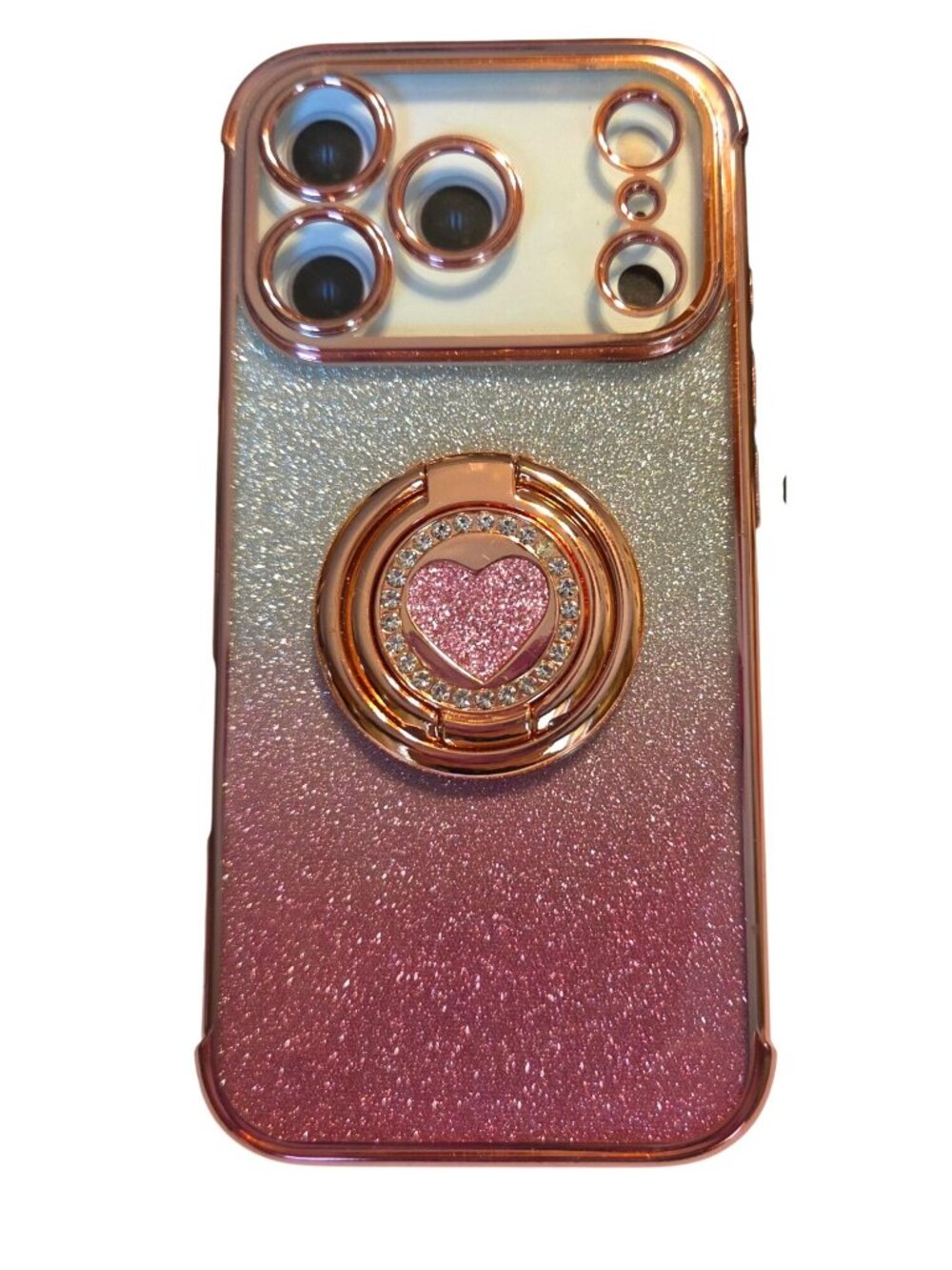 Glitter Gradient iPhone 17 Pro Case Ring Holder Heart Rose Gold & Pink Sparkle